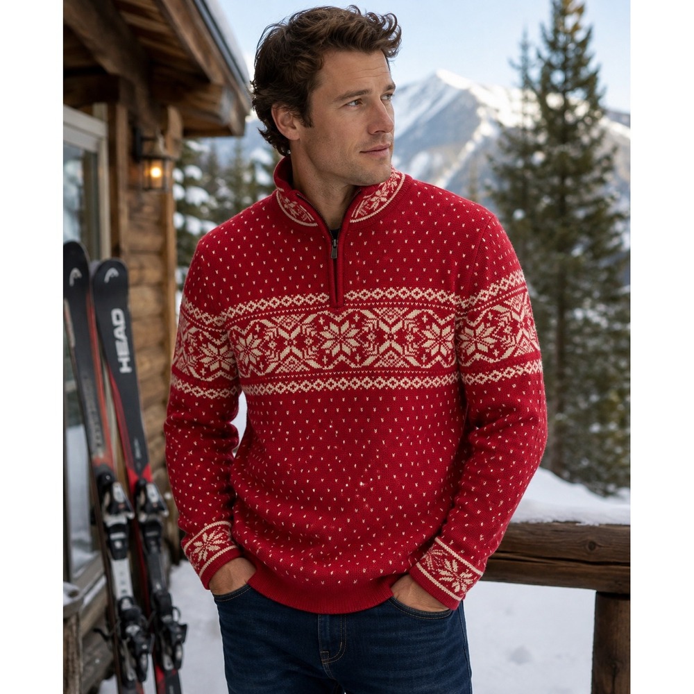 Lands End Mens M 38-40 Fair Isle Nordic Sweater Red Cream 1/4 Zip 100% Cotton - Picture 1 of 11